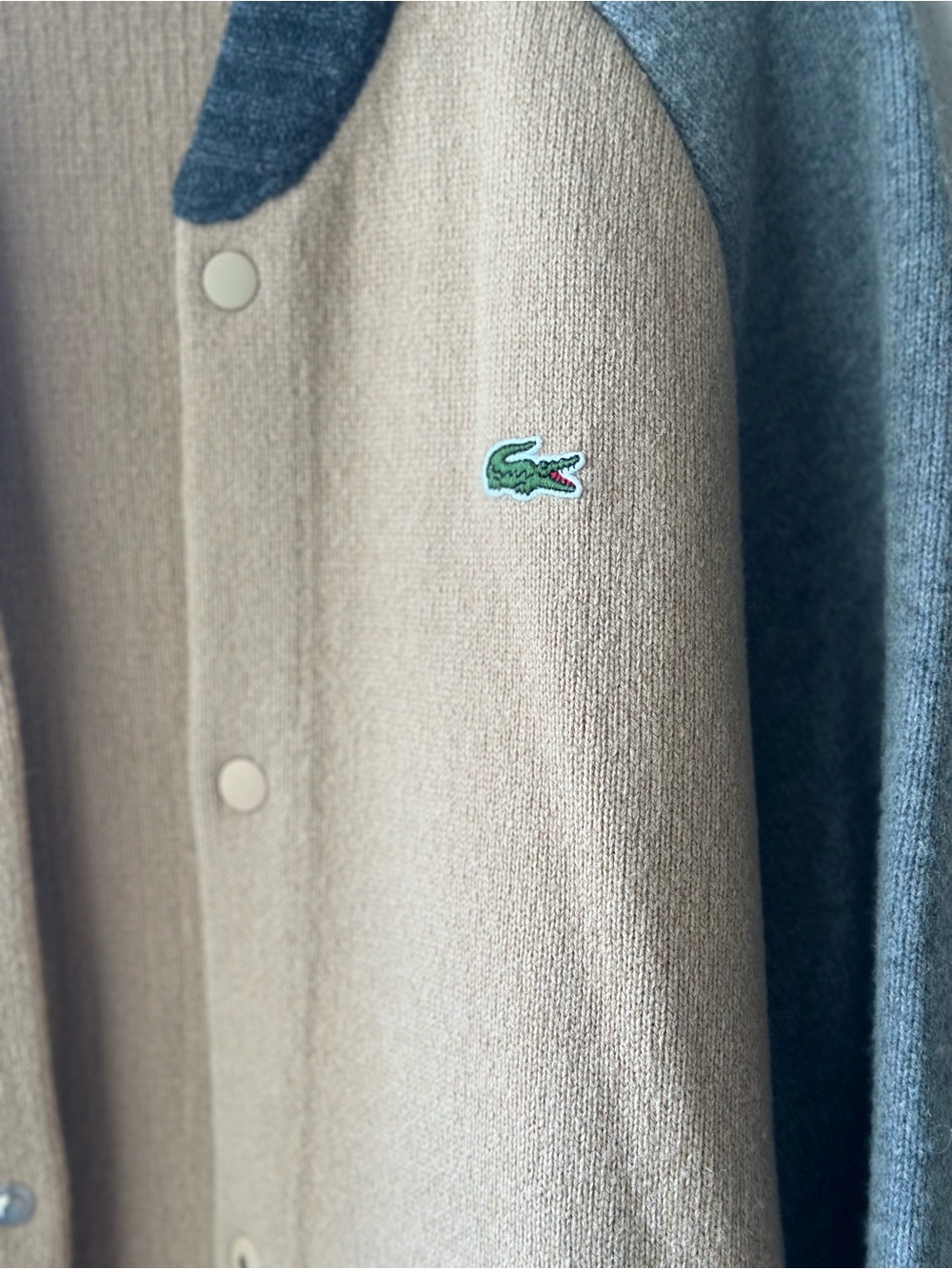 Lacoste L!VE Wool Varsity Men’s Cardigan Jacket - Tan & Gray - Picture 3 of 9